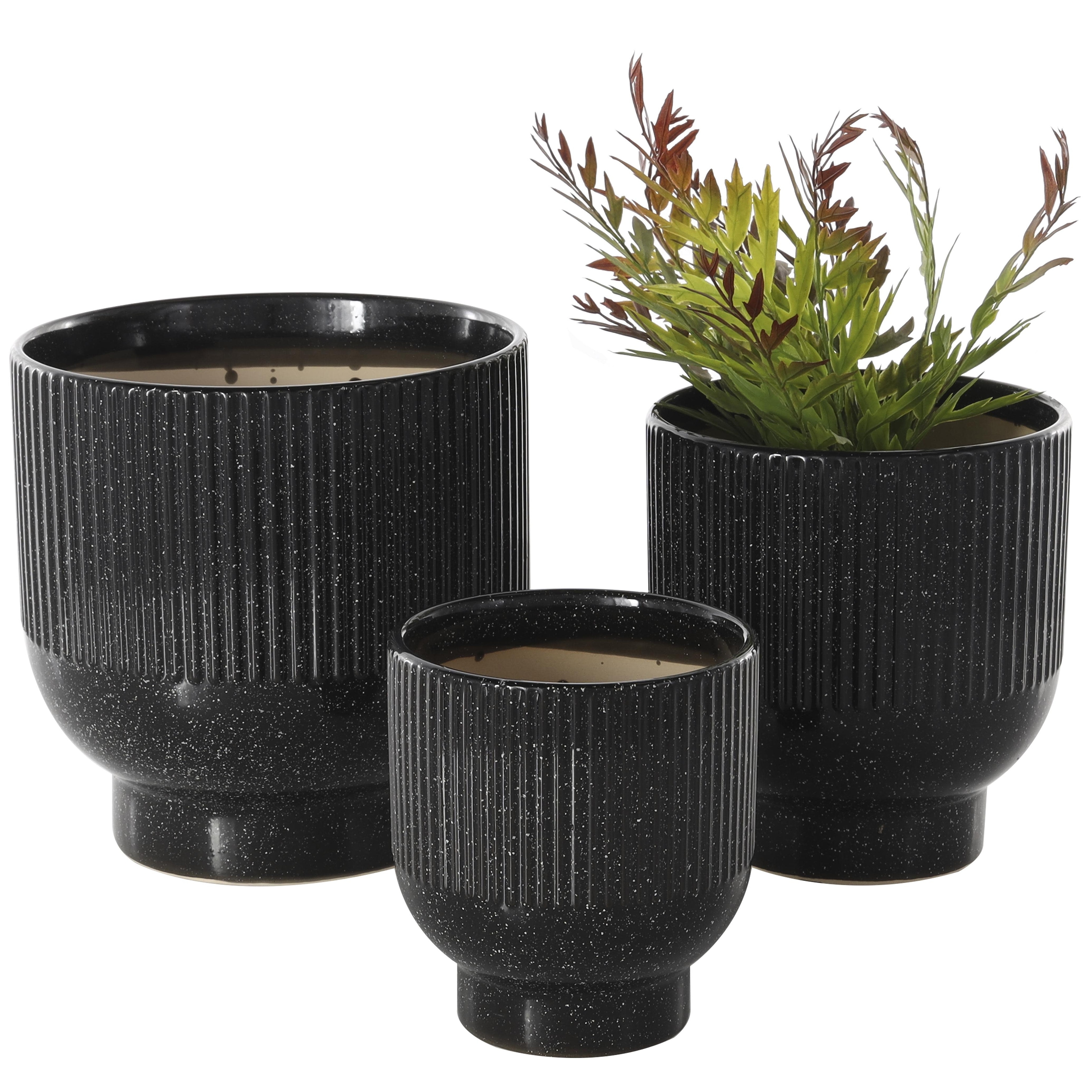 Ceramic Indoor Outdoor Planter with Linear Grooves and Tapered Bases - Set of 3 Black, Light Blue, White - Roche River Decor