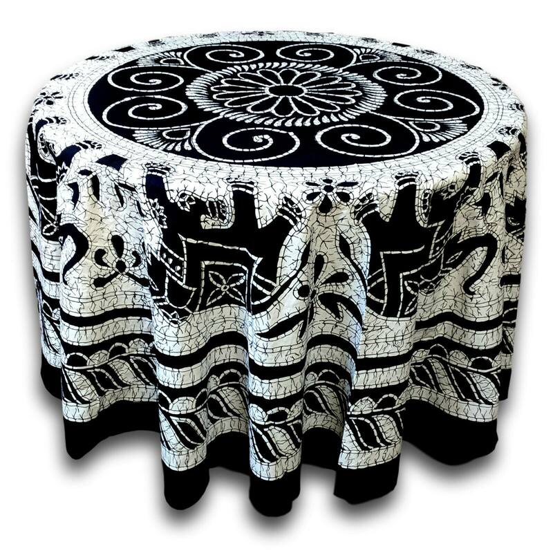 Batik Elephant Cotton Enchanting Floral Tablecloth Round - Black White
