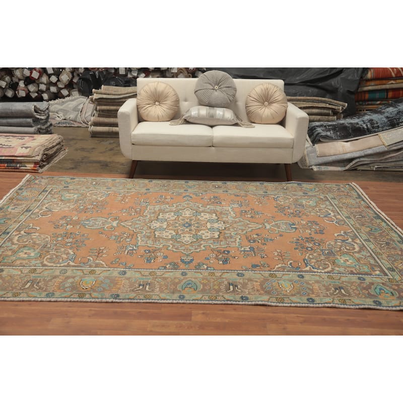 Hand Knotted Oriental 100% Wool Carpet Traditional Floral Oranges & Rust Tabriz Area Rug - 9' 5'' X 6' 5''