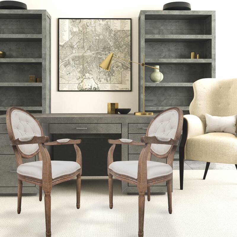 Set of 2 Cream Color Upholstered Button Tufted Back Fabric Dining Modern Arm Chair With Padded Seat Solid Wood Legs