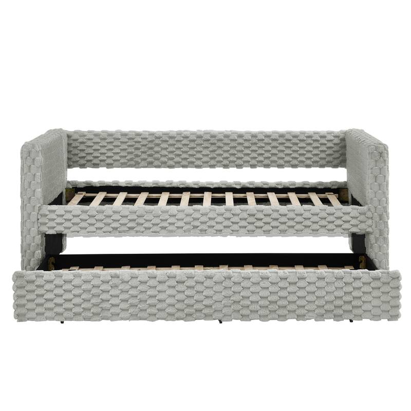 Modern Twin Size Upholstered Daybed with Pull-Out Sofa Bed Function, Dark Grey Plaid Corduroy Fabric