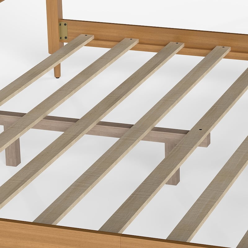 Wooden Platform Bed Bed Frame w/Hand-Woven Rattan Headboard & Footboard, Boho and Mid Century Style Bed Frame, Solid Pine Wood