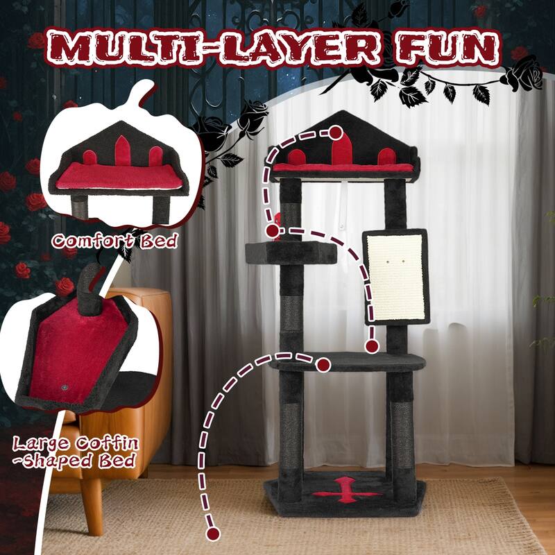 49" Gothic Cat Tree with Throne Bed and Coffin Perch Scratching Posts and Hanging Toy for Cats