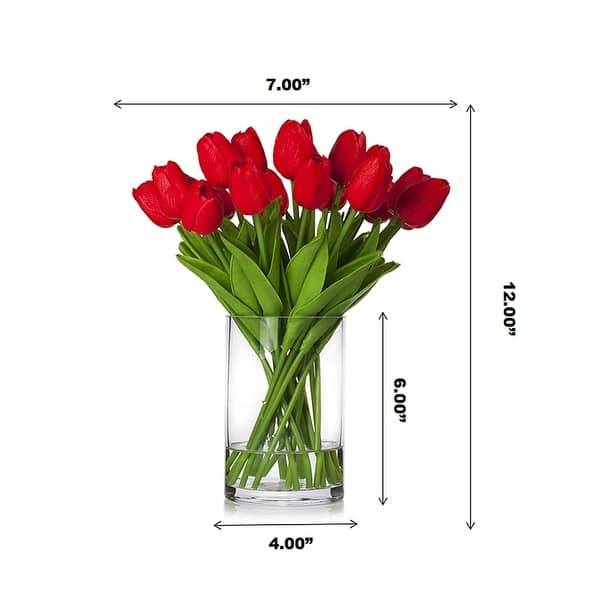 dimension image slide 0 of 7, Enova Home 20 Pieces Artificial Real Touch Tulips Fake Silk Flowers Arrangement in Glass Vase with Faux Water for Home Decor