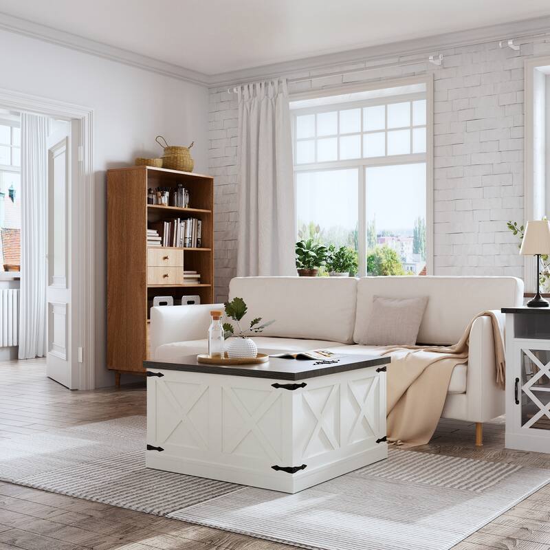 Farmhouse Coffee Table Square Center Table with Barn Door Lift Top and Hidden Storage, for Living Room - White