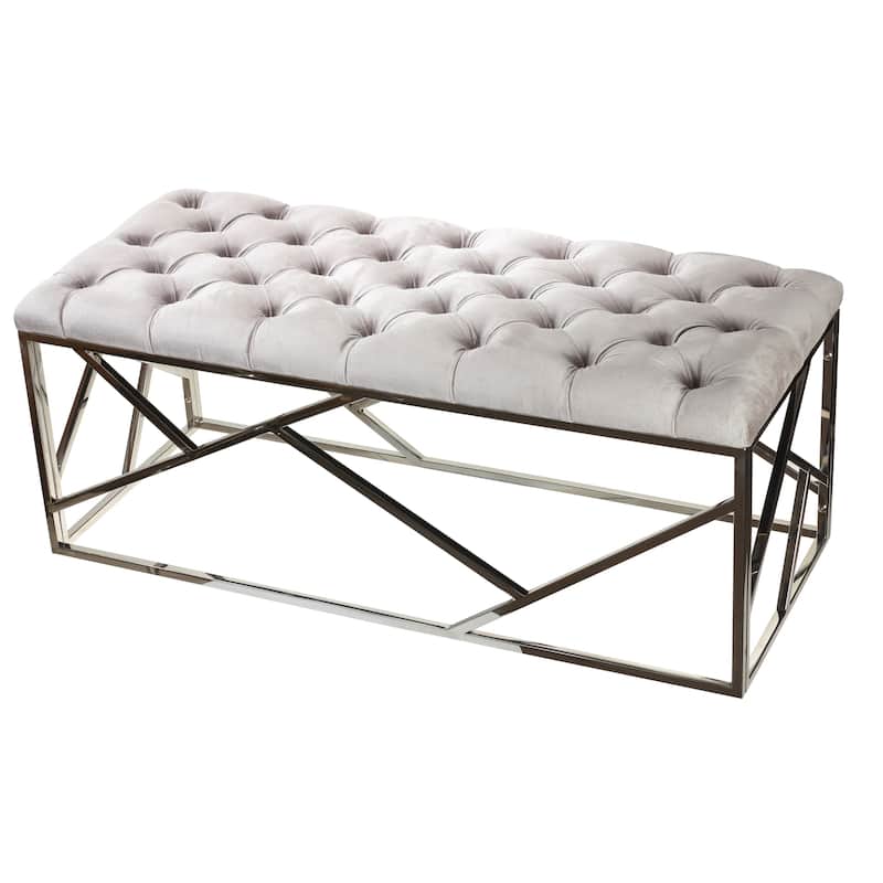 Cortesi Home Kora Grey Velvet Wide Metal Bench Ottoman