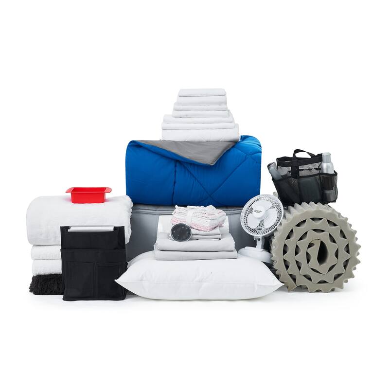 Fully-Loaded - Twin XL Dorm Bedding & Essentials Package - Granite Gray / Pacific Blue Color Set - Twin XL