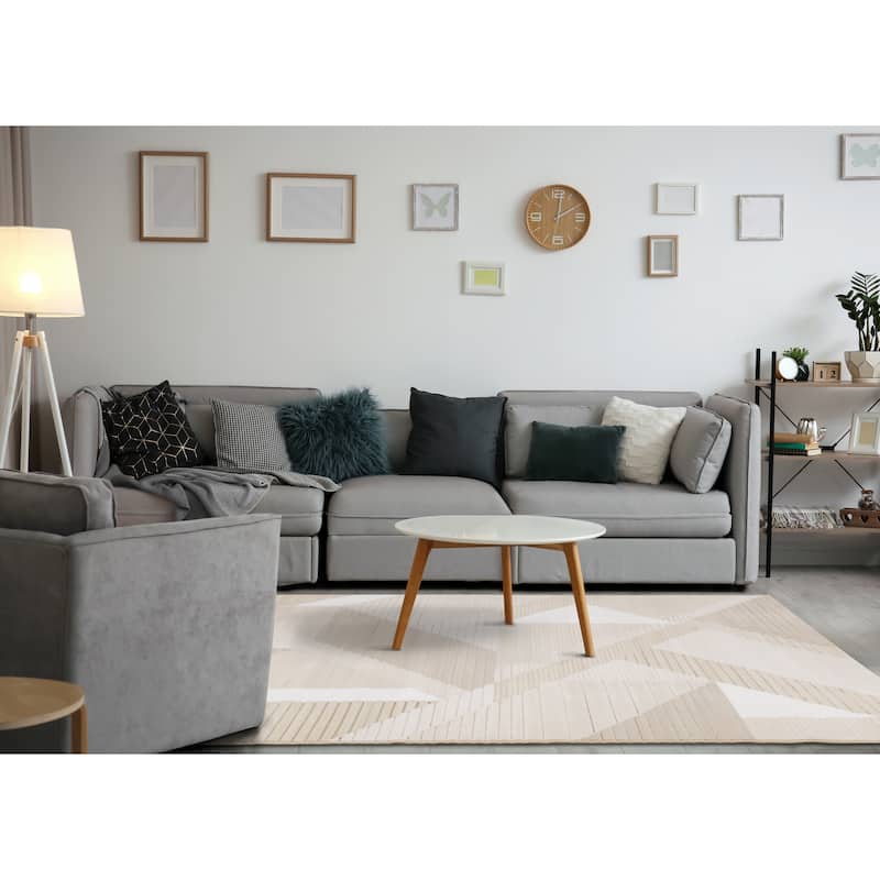 Elizabeth Collection - Beige/Blue Carved Geometric Modern Rug