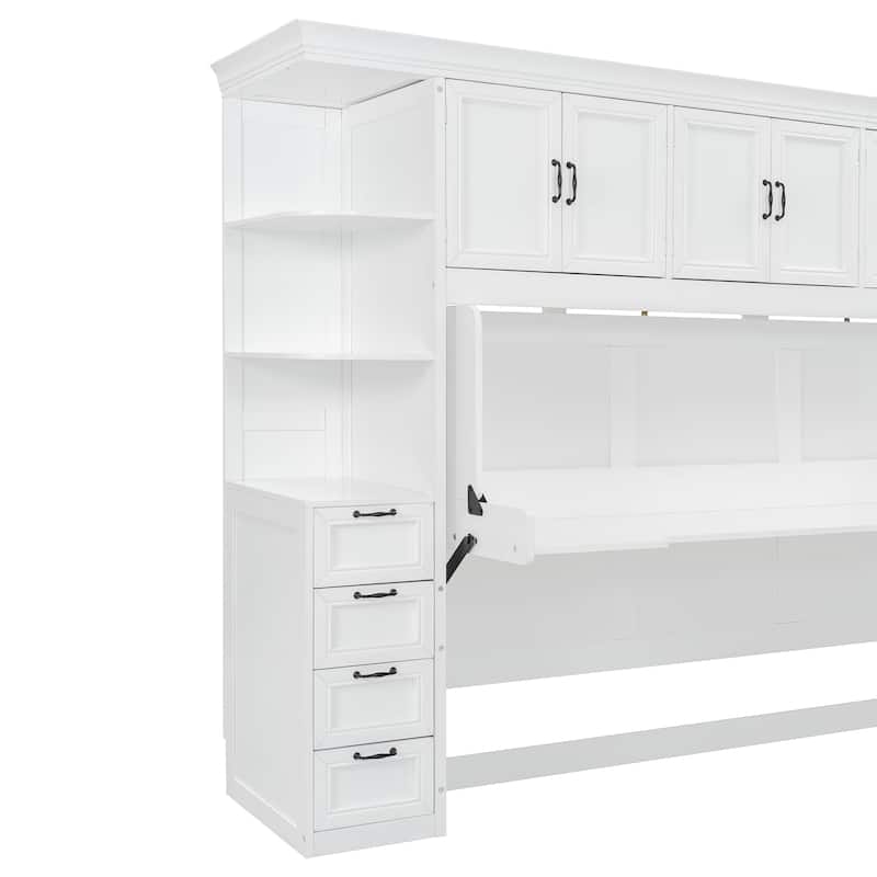 Versatile Twin Size Murphy Bed Fold-down Storage Wall Bed with Temporary Desk, Top Cabinets, Side Wardrobe, Drawers and Shelves