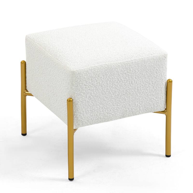 Aysha White Boucle Ottoman with Gold Accent Legs