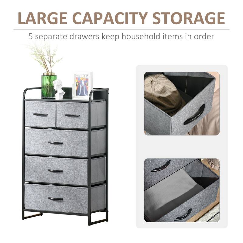 HOMCOM 5-Drawer Dresser Tower 4-Tier Storage Organizer with Steel Frame Wooden Top for Bedroom Hallway Closets