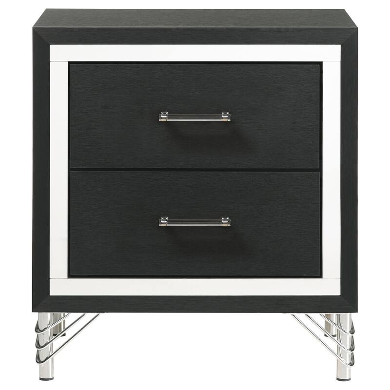 Sleek Black 2-Drawer Nightstand with Chrome Trim and Hairpin Legs