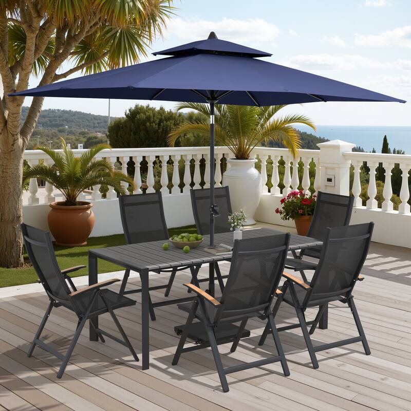 9/11-Piece Outdoor Patio Dining Set Aluminum Dining Table and Chairs w/10 ft Market Umbrella and Base with Wheels