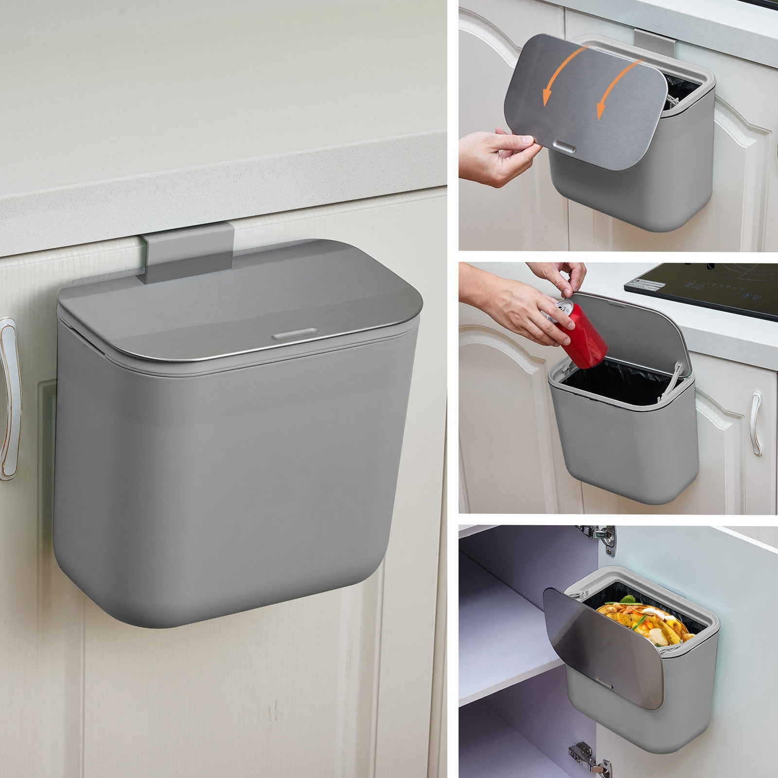 Odor-Free Hanging Trash Can, Stainless Steel Lid, Indoor Compost Bin, for Kitchen/Cabinet/Under Basin/RV/Bathroom/Office