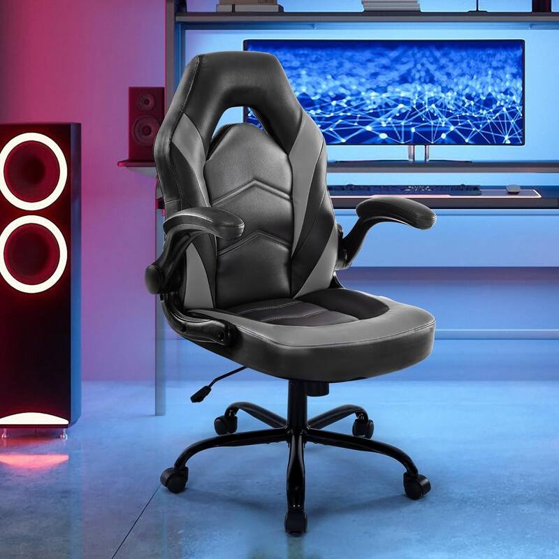 Ergonomic PU Leather Gaming Chair Adjustable Height with Flip-up Armrest for Adults, Kids - Grey