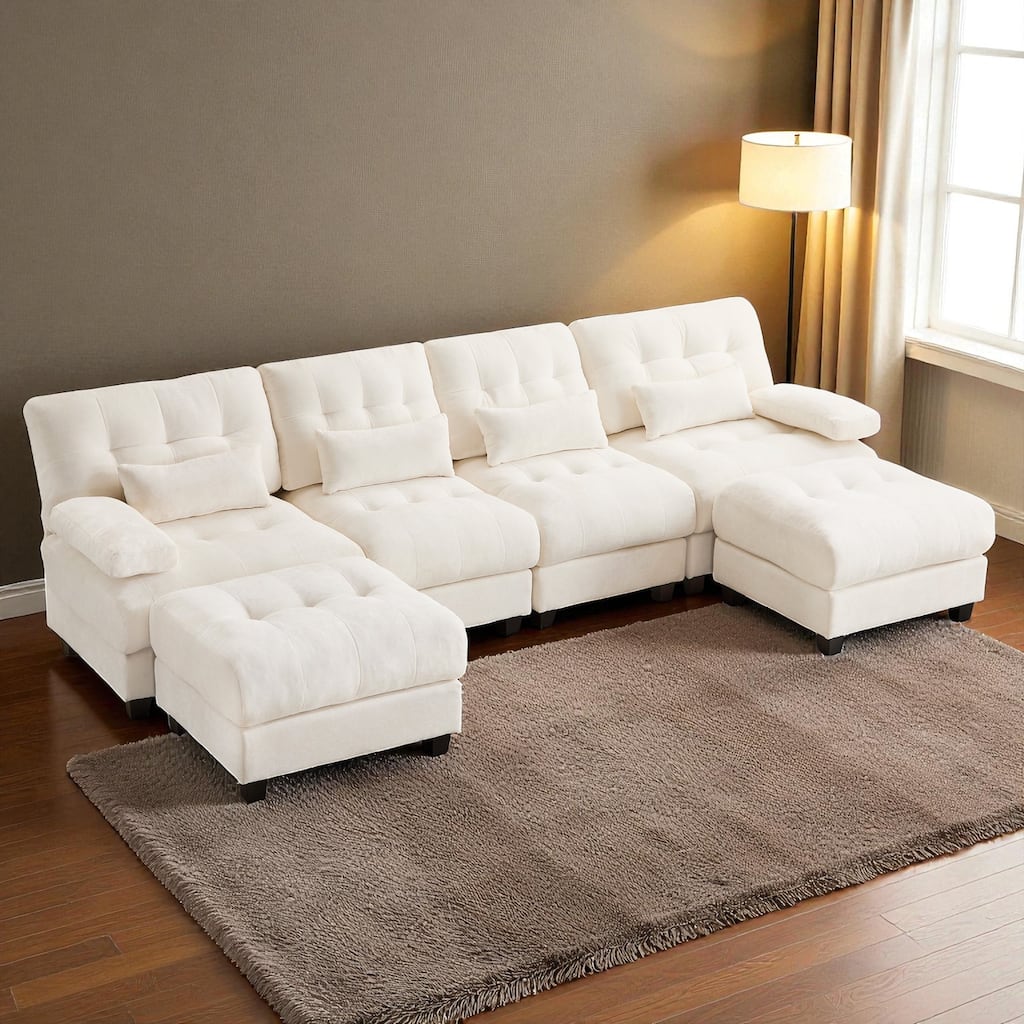 119" 4-Seater Chenille Sofa with 2 Ottomans, 4-Position Adjustable Backrest, 4 Pillows and Easy Assembly for Living Room