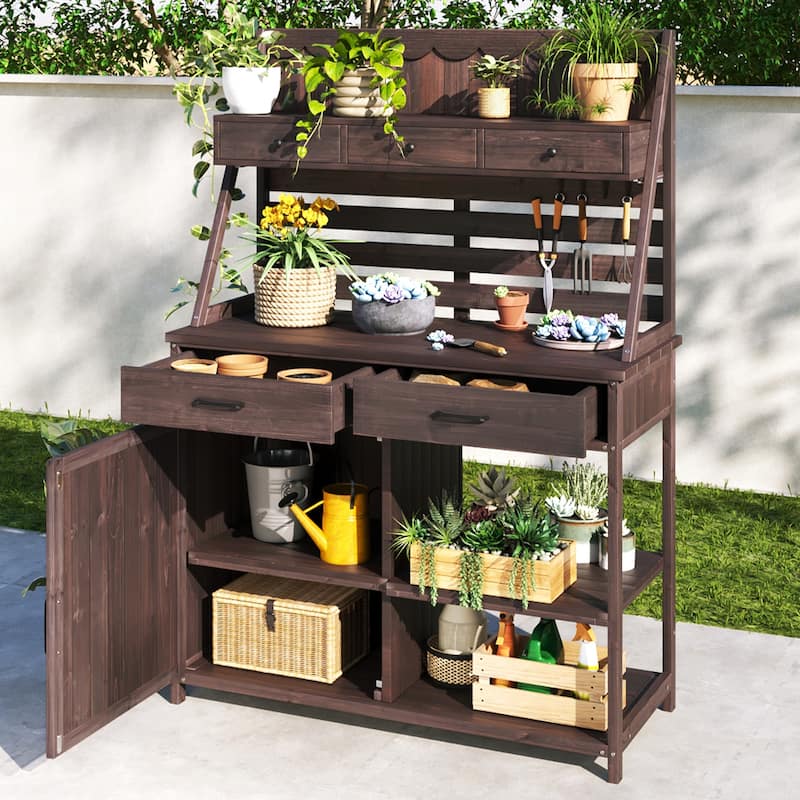 Brown Fir Wood Potting Bench - 5-Drawer Garden Workstation with Slatted Back Panel & Storage Cabinet