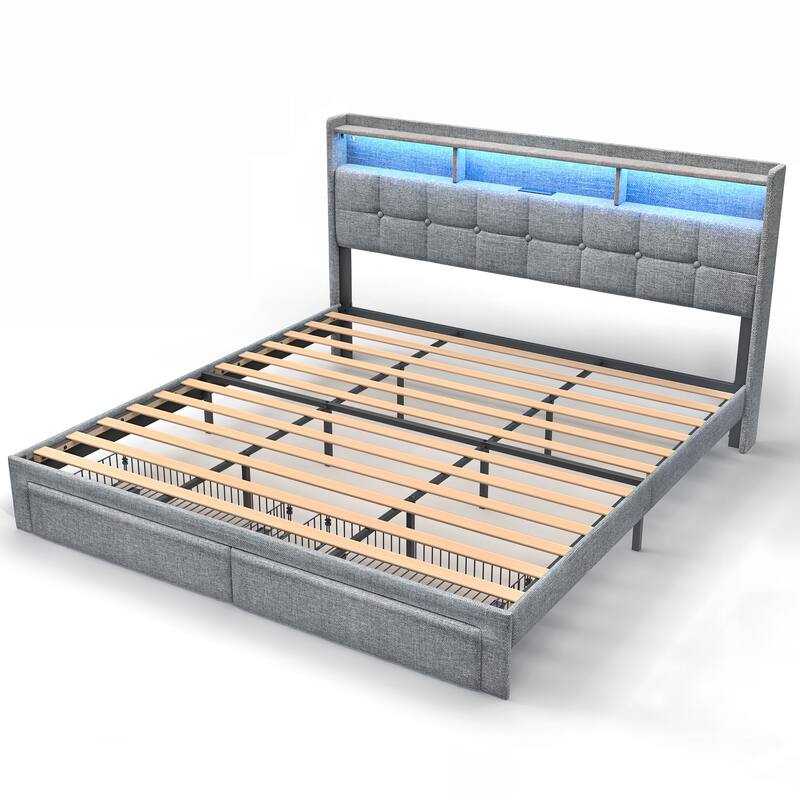 King Size Upholstered Platform Bed with LED Lights, Charging Station & Storage Headboard, No Box Spring Needed - King Light Gray - King