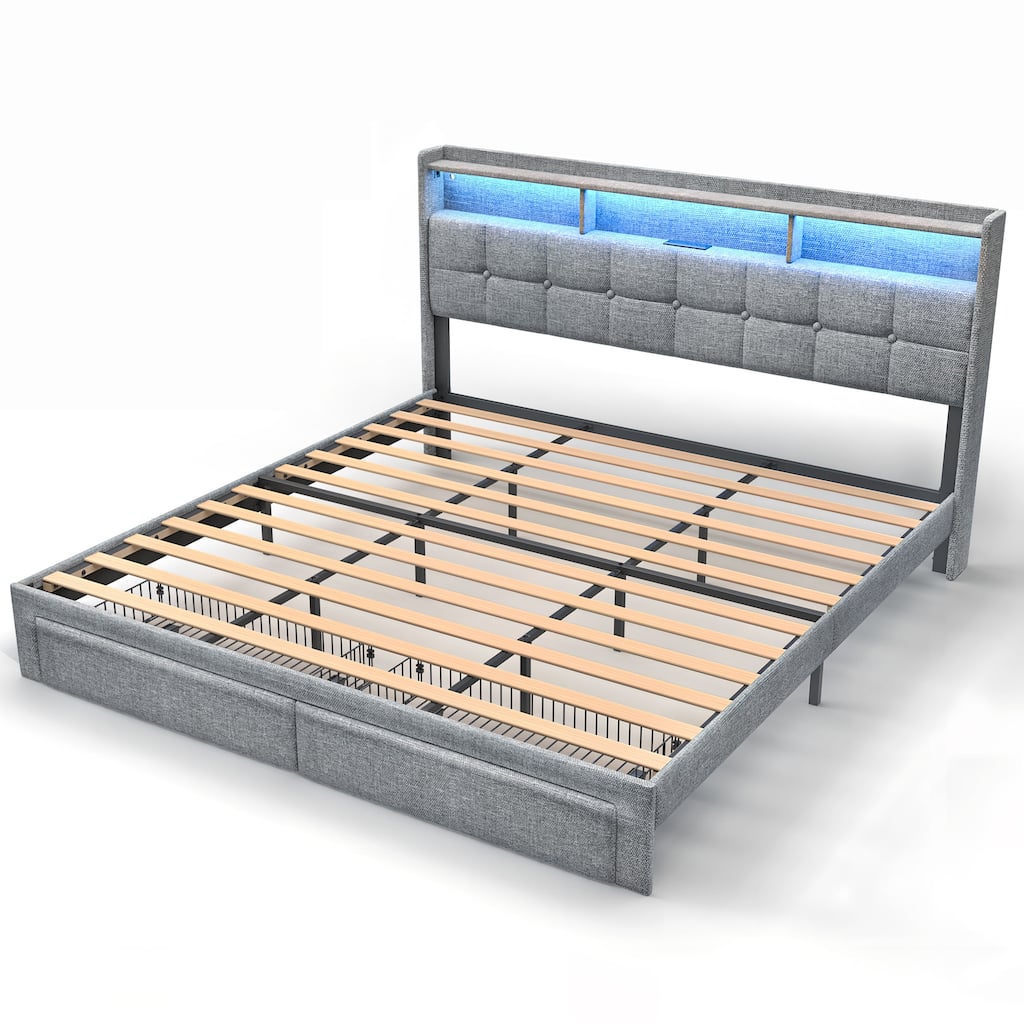 King Size Upholstered Platform Bed with LED Lights, Charging Station & Storage Headboard, No Box Spring Needed