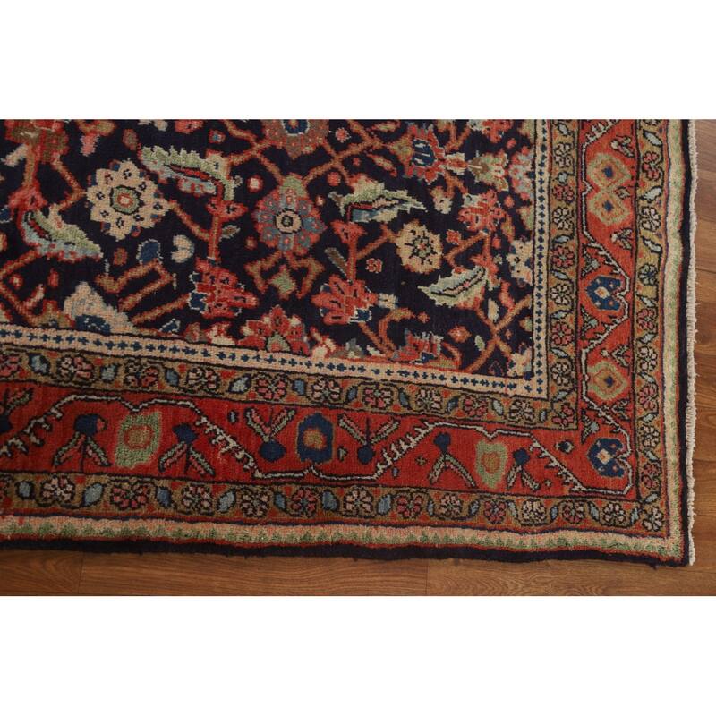 Hand Knotted Oriental 100% Wool Carpet Traditional Geometric Navy Blue & Blues Mahal Runner Rug - 10' 11'' X 3' 11''