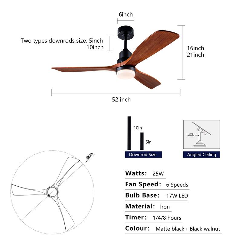 52" Ceiling Fan w/ Light 3 Solid Wood Blades Remote Control Reversible DC Motor