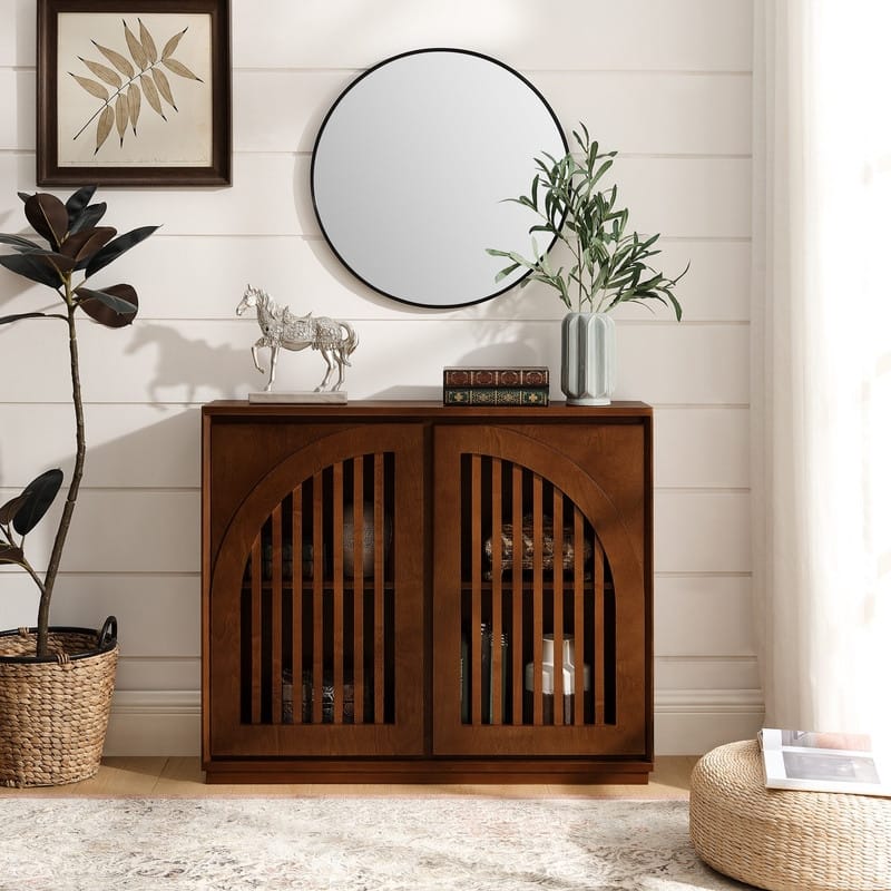 Mid Century Modern Fluted Sideboard Buffet with Storage and Outlet Holes for Living Room Entryway Hallway Kitchen Coffee Bar - Walnut