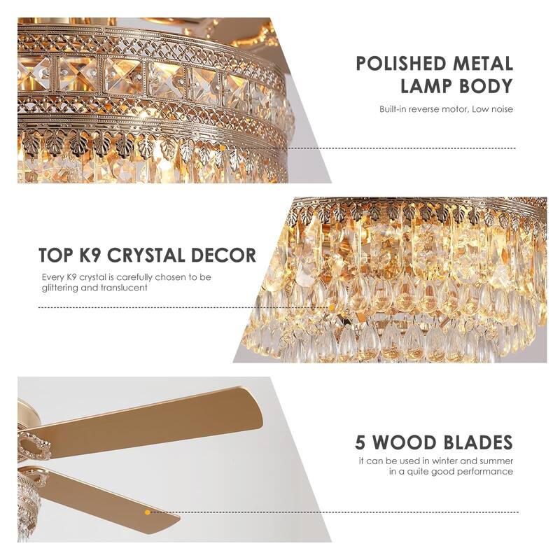 52"/62" Modern Crystal Chandelier Ceiling Fan Light,Reversible Airflow,E12 Bulbs,for Bedroom,Kitchen,Patio