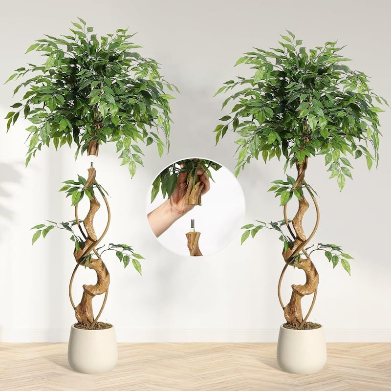 Artificial Faux Silk Ficus Tree with Curved Trunks for Indoor Home Decor