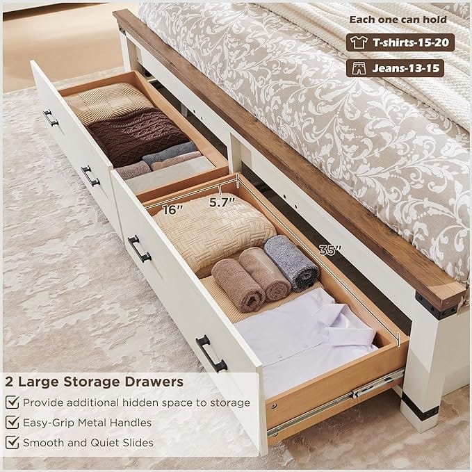 Farmhouse Queen Size Bed Frame w/ 54" Tall Headboard & 2 Large Drawers