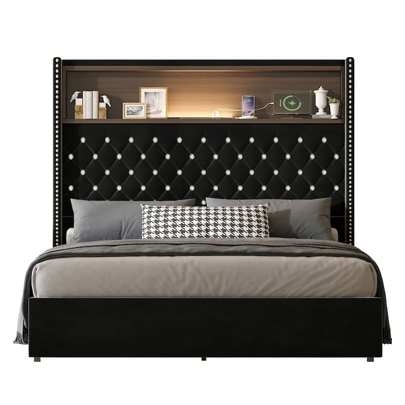 Full Size Velvet Tufted Bed Frame with USB Port Night Light and Headboard Shelf