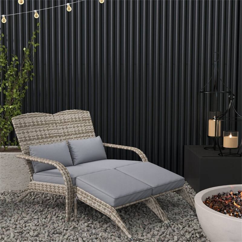 Mixed Rattan Adirondack Chair with Cushions, Footstools and Outdoor Use - 45.25" W x 32.25" D x 35.5" H