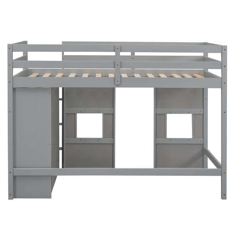 Wood Twin Size Loft Bed with Built-in Storage Wardrobe and 2 Windows w/Full-Length Guardrails, No Boxing Spring Needed