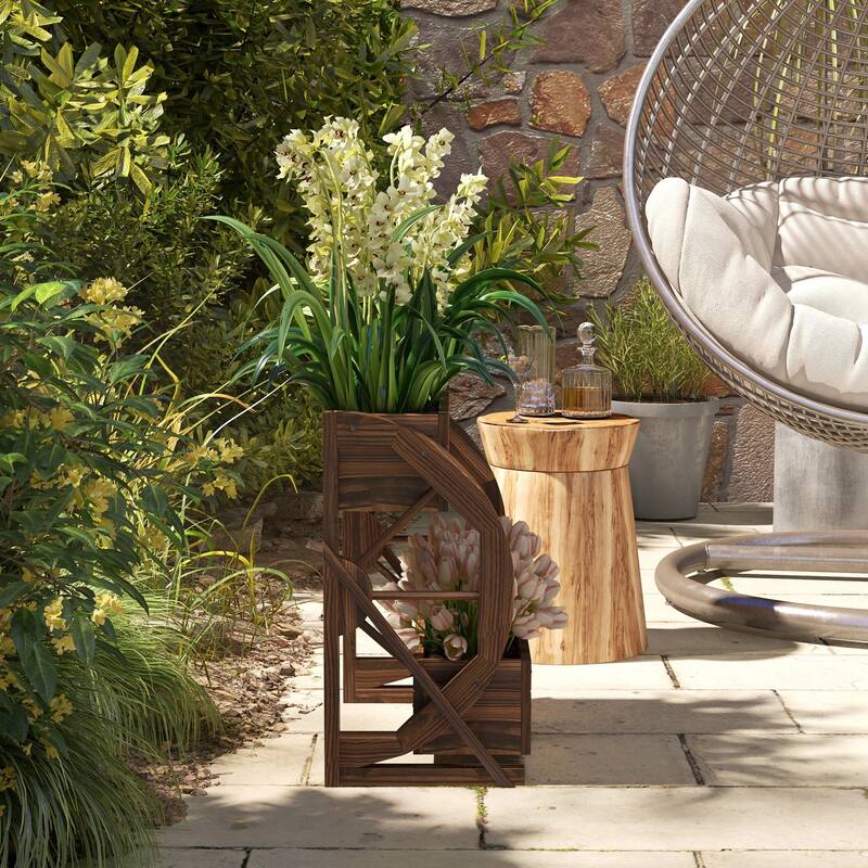 Carbonized Fir Wood Raised Planter with Wagon Wheel Design