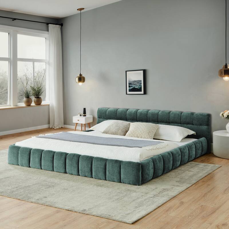 Roomfitters California King Upholstered Low Platform Bed, Chenille Fabric Frame with Headboard, No Box Spring Needed - Blue+Green - King