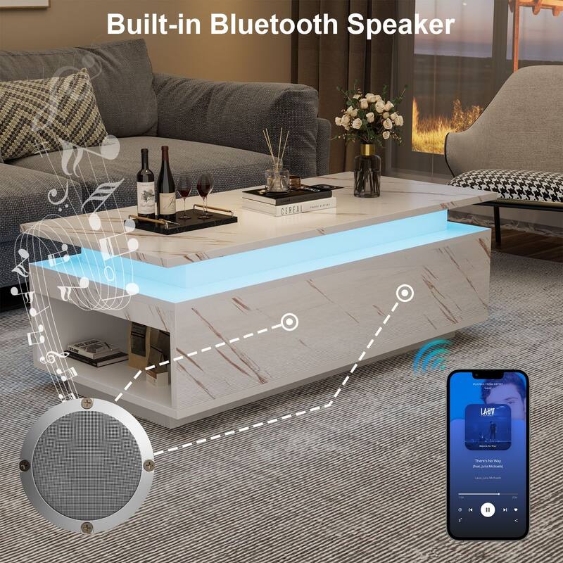 Smart LED Coffee Table 47.2" with Bluetooth Speaker & Wireless Charging, Modern White Marble Center Table