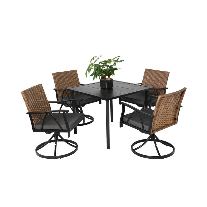5 Piece Patio Dining Set for 4 with 4 Cushions Swivel Rocker Chairs, Steel Table Top, Removable Cushions for Backyard