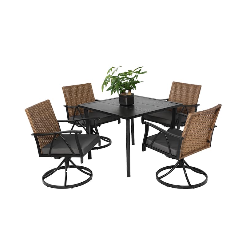 Outdoor Wicker Furniture Set 5 Piece Patio Dining Set for 4 with 4 Cushions Swivel Rocker Chairs - Brown+Gray