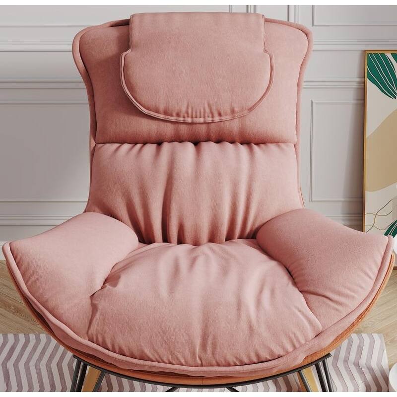 Pink Modern 43.3" Velvet High Back Rocking Chair with Detachable Seat Cushion and Natural Wood Frame