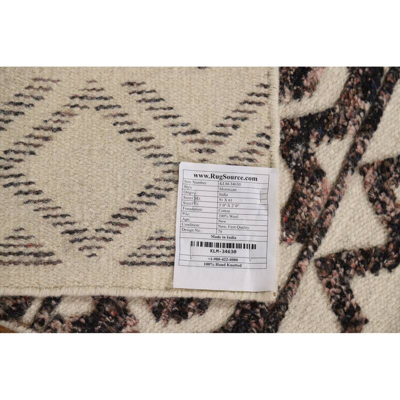 Geometric Moroccan Indian Accent Rug Handmade Beige Wool Carpet - 2'0"x 3'0"