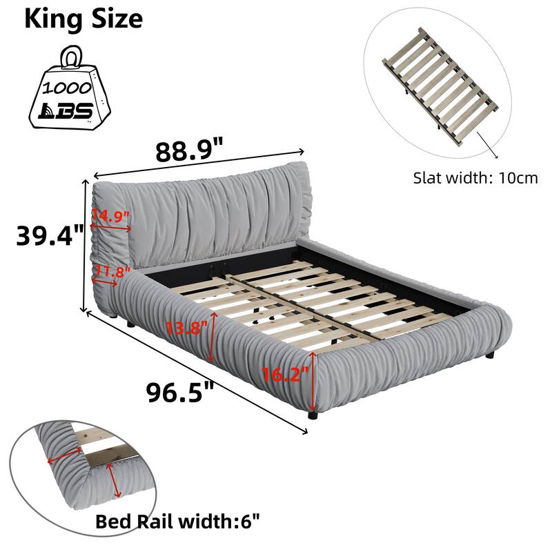 Light Grey King Size Upholstered Platform Bed with Removable Cushion