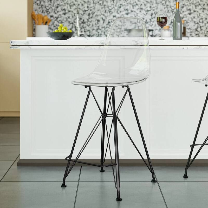 Cresco Acrylic Barstool in Brushed Black Steel Base with Ergonomic Seat, Footrest, & Floor Pads for Kitchen or Home Bar Set of 2