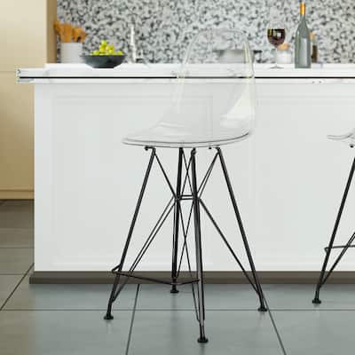 Cresco Acrylic Barstool in Brushed Black Steel Base with Ergonomic Seat, Footrest, & Floor Pads for Kitchen or Home Bar Set of 2