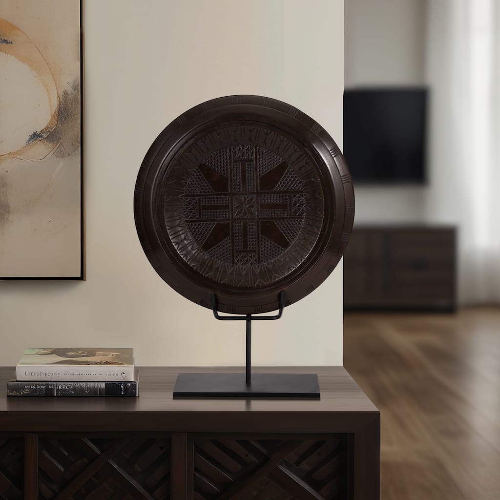24" Aztec Table Sculpture Contemporary Abstract Metal and Wood Brown Aztec Decor for Home or Office Modern - 17" x 17" x 24"