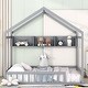 preview thumbnail 2 of 8, Gray Pine Wood Playhouse Bed with Roof, Fence & Storage Shelf