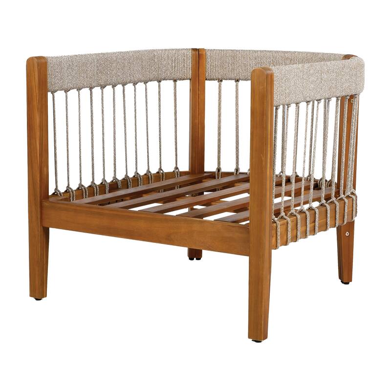 Acacia Wood Outdoor Club Chair with Handwoven Rope and Curved Backrest, Water-Resistant and Comfortable for Patio or Garden.