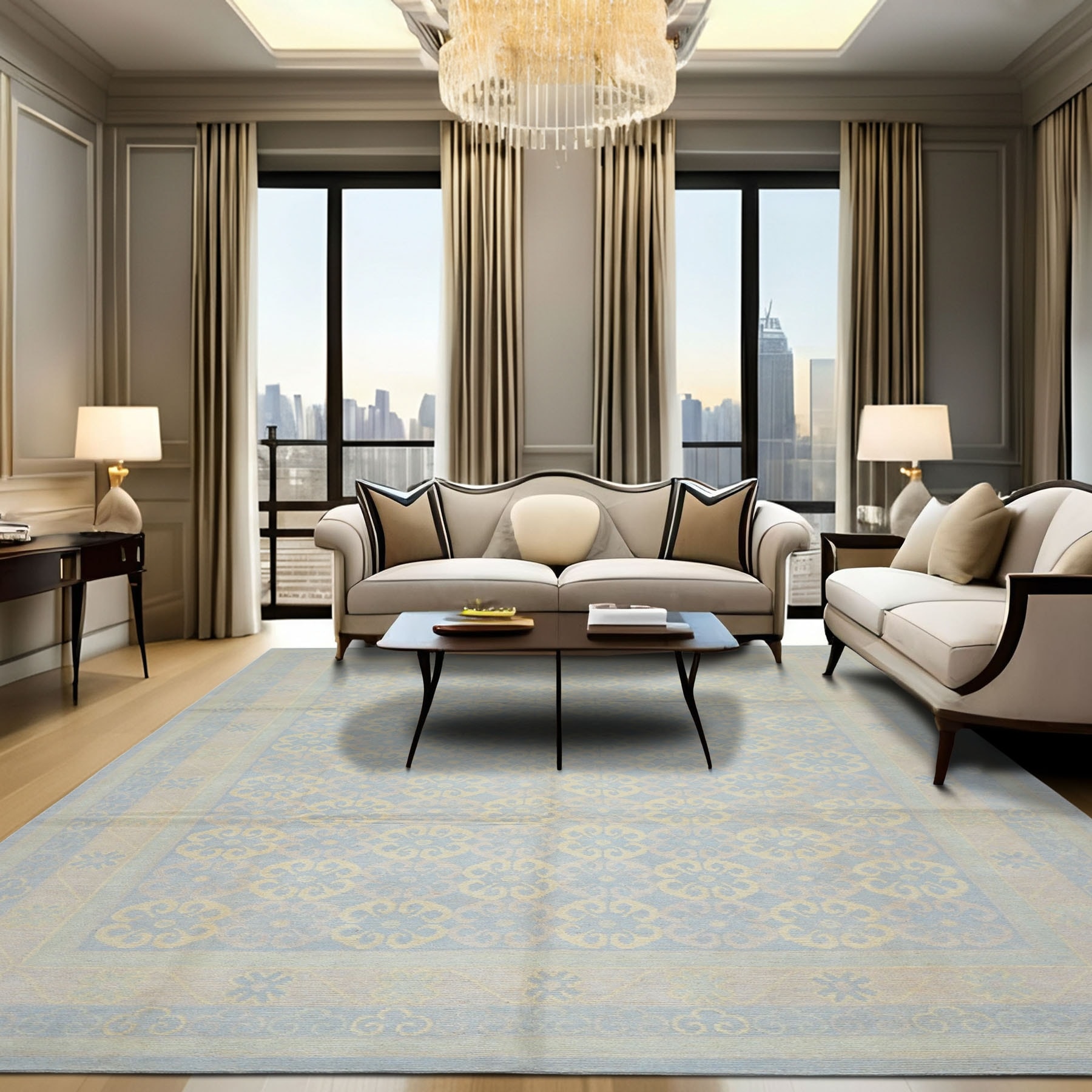 Tibetan Blue Ivory Wool Hand Knotted Transitional Rug - 8' x 10'