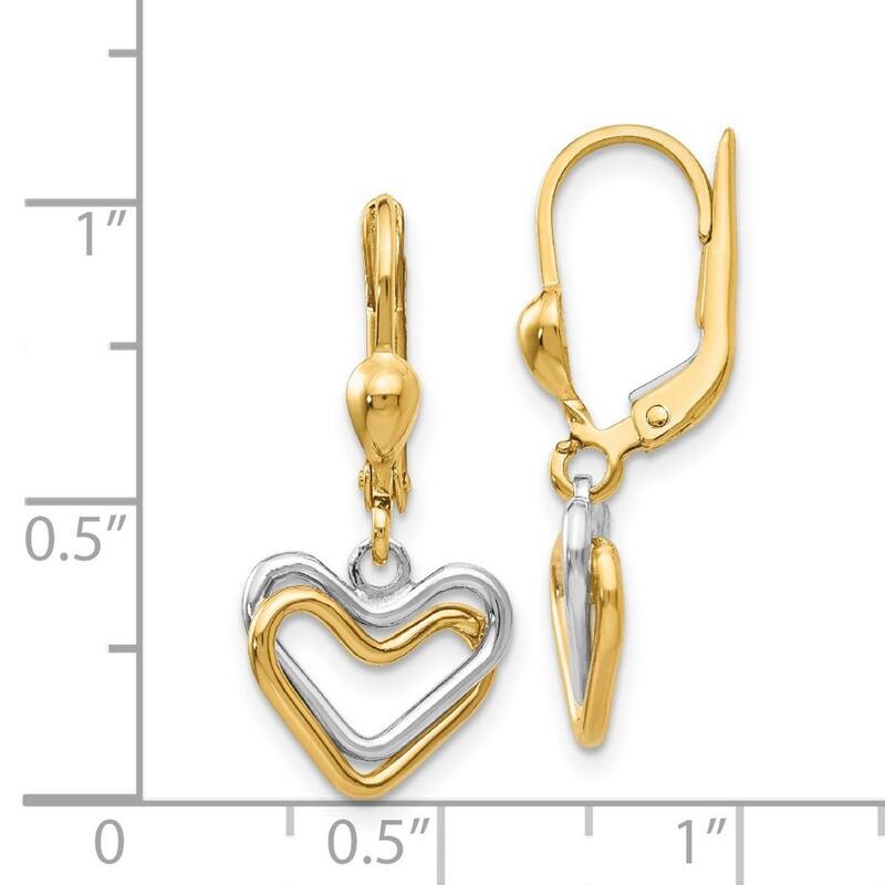 Curata 14k Two Tone Gold Polished Double Open Heart Leverback Dangle Earrings 29x12mm