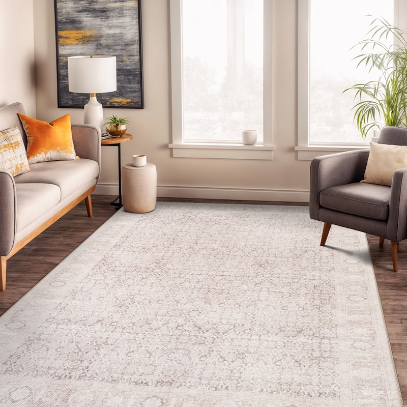 Beige Vintage Washable Rug - Low Pile, Subtle Pattern for Neutral Spaces - Beige - 5' x 7'