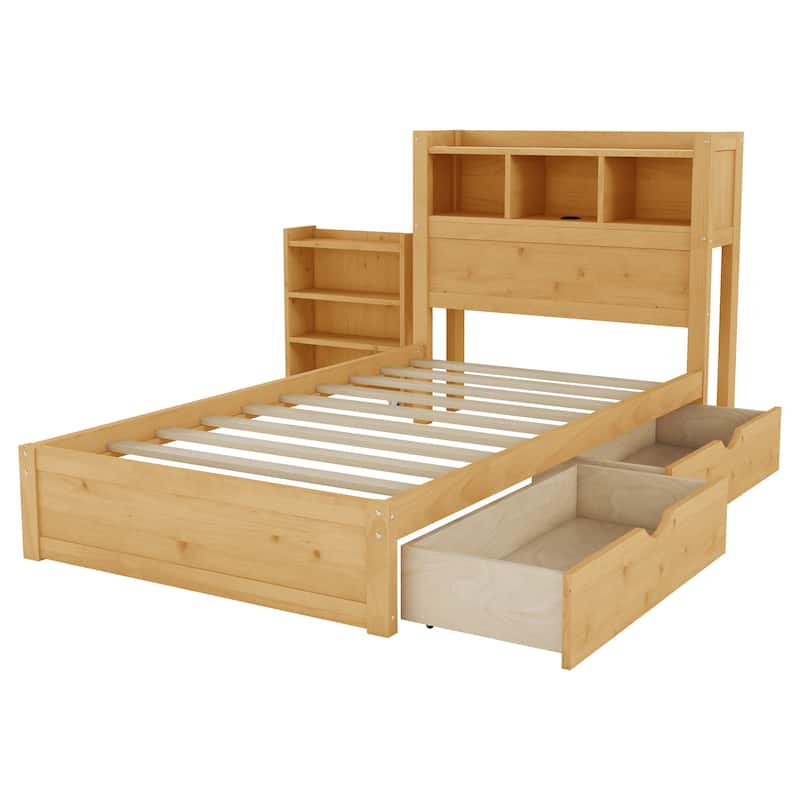 Platform Bed with Storage Headboard Pull Out Storage Cabinet, Bookcase Bed with Drawers, Wood Wingback Bed with Light and Socket