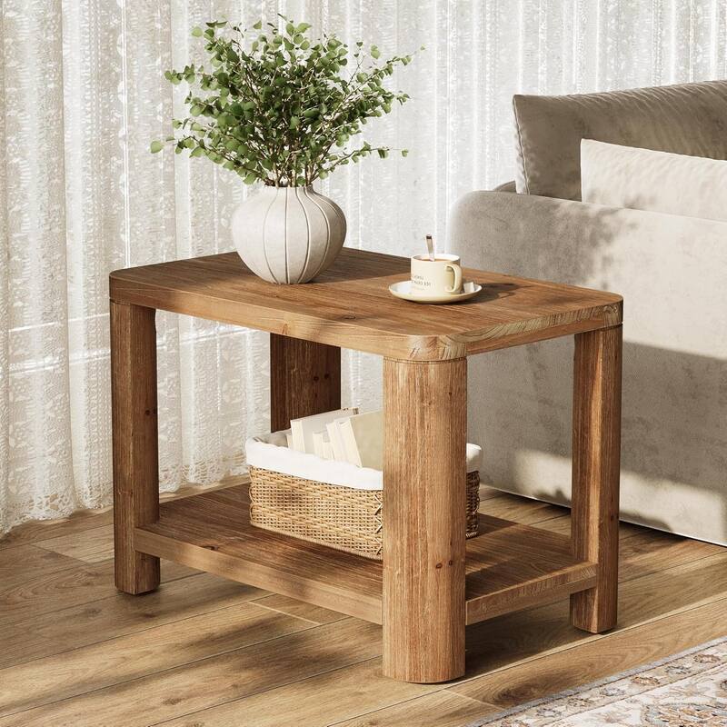 2-Tier Solid Wood End Table, Farmhouse Side Table with Storage Shelf, Rectangle Bedside Nightstand
